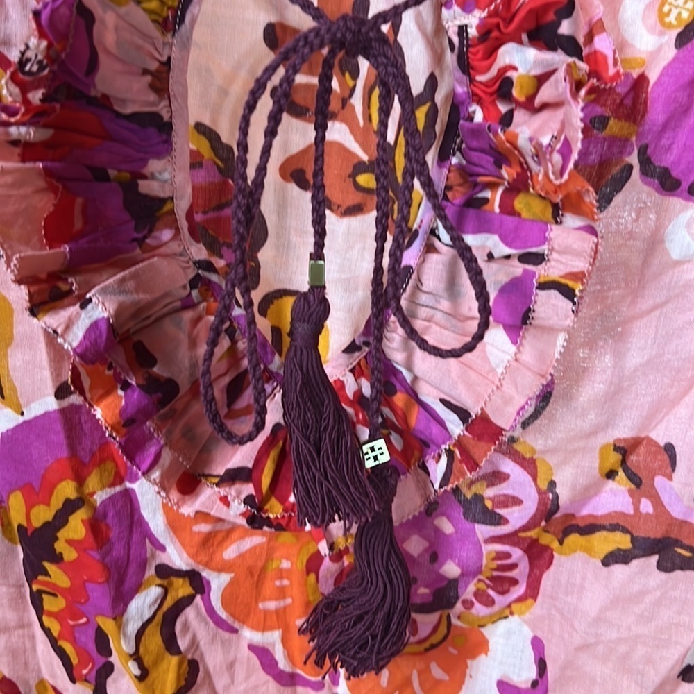 Tory Burch Pink Floral Tassel Tie Boho Blouse Top Size 4 Silk Cotton Blend - Picture 8 of 15